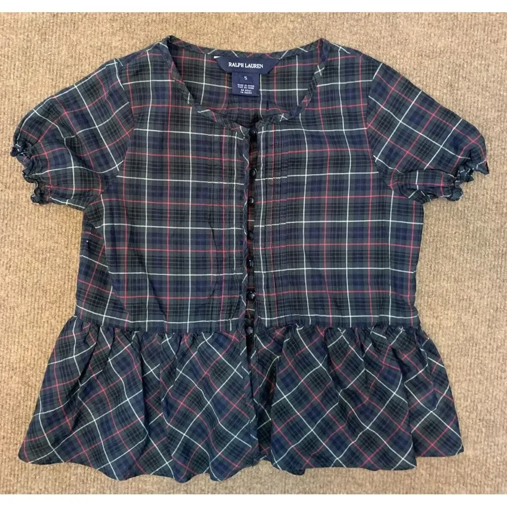 Ralph Lauren Kids Plaid Top Girls 5 Short Sleeve Ruffle Blouse Button Shirt